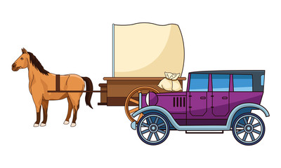 Classic cars and horse carriages vehicles