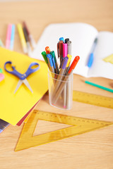 School supplies background. Back to school concept. Items for school. Office desk with copy space....
