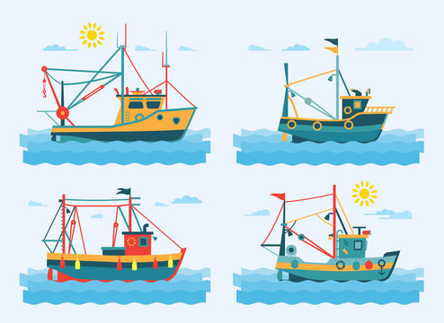 Flat illustration of colorful fishing boats. Set of different types of marine fishing boats.