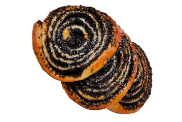 Sweet layered baked buns with poppy seeds and honey filling inside. Dessert pastry on plate on white isolated background