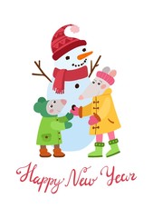 Two little mice making snowman flat vector illustration. Mice kids cartoon characters. Winter season games, fun. Happy New Year wishes lettering. Winter poster, postcard design element