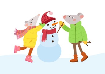 Mice couple making snowman flat vector illustration. Romantic rats  cartoon characters. Winter season games, fun.