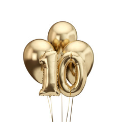 10th birthday gold foil bunch of balloons. Happy birthday. 3D Rendering
