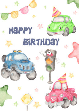 Watercolor baby card with cute truck and pickup Baby shower