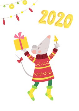 Mouse happy with presents flat vector illustration. Cheerful rat with gifts, Christmas stocking cartoon character. Cute animal celebrating winter holidays. New Year postcard design element