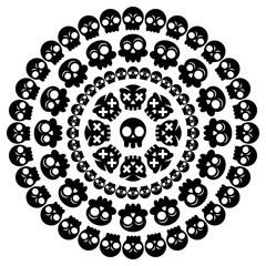 Skull mandala vector design, Halloween decoration pattern with Mexican skulls in black on white background