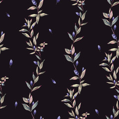 Watercolor Myrtle. Vintage Watercolor Seamless Pattern with Green Leaves, Twigs, Berries, Branches of Myrtle