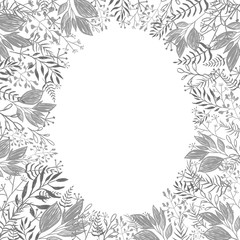 oval frame of grey leaves on a white background