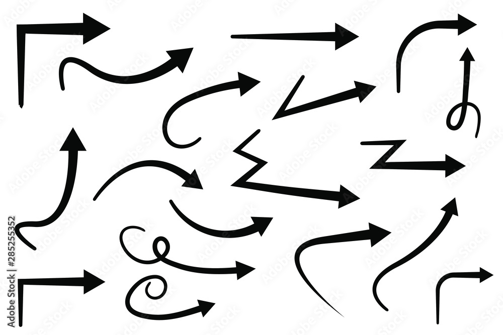 Wall mural set of vector curved arrows hand drawn. collection of pointers.