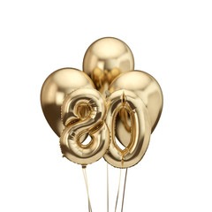80th birthday gold foil bunch of balloons. Happy birthday. 3D Rendering