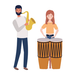 couple of people with musicals instruments on white background
