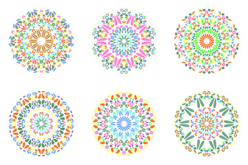 Colorful mandala logo set - ornamental abstract round geometrical vector graphic elements from gravel stones