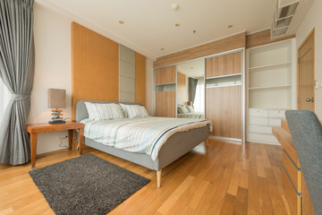 Bright and cozy modern bedroom with dressing room