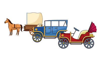 Classic cars and horse carriages vehicles