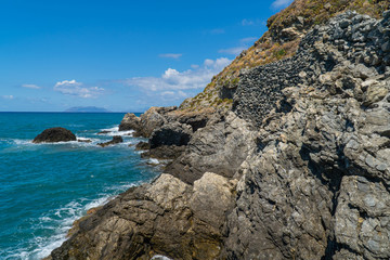 Fototapeta na wymiar Tono beach in Milazzo - View of the Aeolian islands in Messina