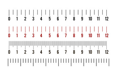 Set of ruler size indicators with different unit distances, inches and centimeters.