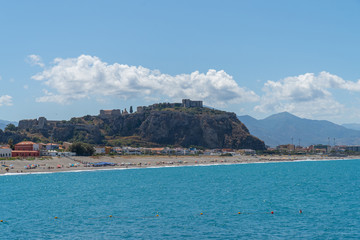 Naklejka premium Tono beach in Milazzo - View of the Aeolian islands in Messina