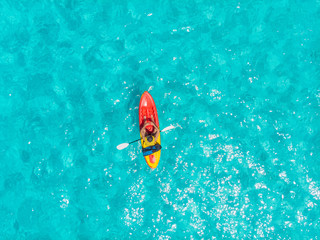 Aerial view Kayak boat turquoise water sea, sunny day. Concept travel