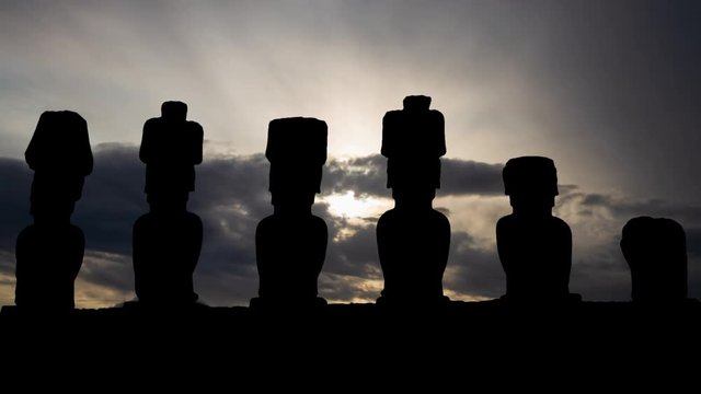 Moai: Ancient and Mysterious Sculpture in Easter Island, Time Lapse at Sunrise, Rapa Nui National Park, Polynesia, Chile
