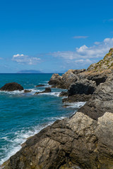 Fototapeta na wymiar Tono beach in Milazzo - View of the Aeolian islands in Messina
