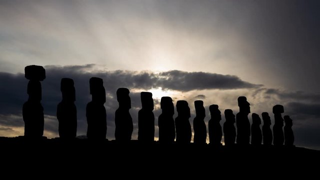 Moai: Ancient and Mysterious Sculpture in Easter Island, Time Lapse at Sunrise, Rapa Nui National Park, Polynesia, Chile