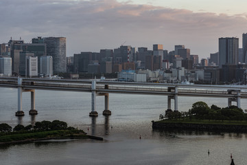 Fototapeta premium Panoramic modern city skyline bird eye aerial view of Tokyo bay in the dawn