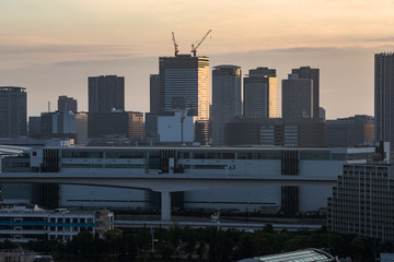 Fototapeta na wymiar Panoramic modern city skyline bird eye aerial view of Tokyo bay in the dawn
