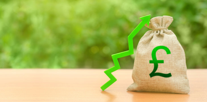 Money Bag With Pound Sterling Symbol And Green Up Arrow. The Growth Of The National Economy And The Strength Of The Exchange Rate. Brexit Great Britain. Investment Attraction. Loans Subsidies