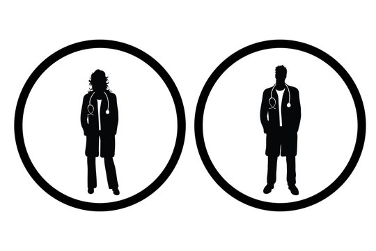 Vector silhouette of symbol of doctor on white background. Sign of people,healthy,care,hospital, medical. Logo in round frame.