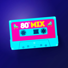 Vector Neon Cassette With Retro Label, Vintage 80s Revival Mix Tape Design