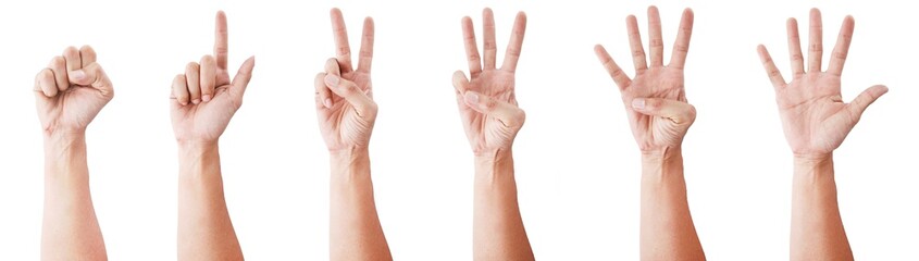 Male asian hand gestures isolated over the white background. SET 0-5