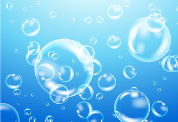 Realistic white water bubbles with reflection on  blue background. 