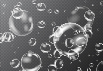 Realistic white water bubbles with reflection on transparent background. 