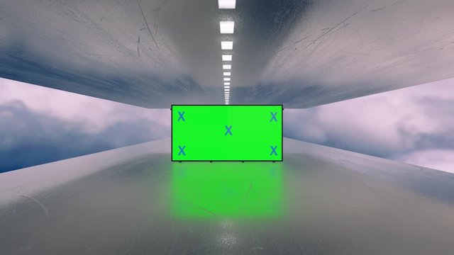 Video mock up of green screen billboard futuristic plane tunnel between clouds. Space, technology concept for promotion, advertisement. Blank stand on sky for marketing.  