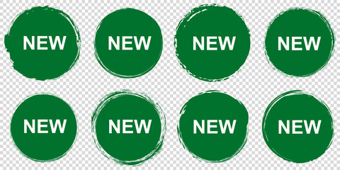 set of green NEW round banners - brush painted circle on transparent background