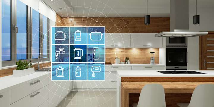 Moderne Küche mit Smart Home Technologie Interface