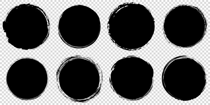 set of black round banners - brush painted circle on transparent background