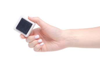 door button in hand on a white background isolation