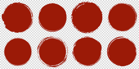 set of red round banners - brush painted circle on transparent background
