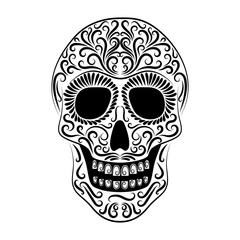The stylized skull is drawn with a black line from the ornament. Symbol. Day of the Dead holiday. Mexico. Dia de los Muertos. Vector.
