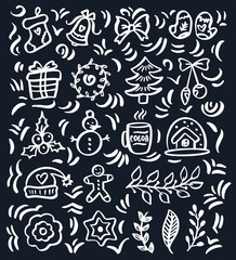 Christmas hand drawn icons set. Composition for banner, postcard, poster design element stories, posts, etc. Vector eps10