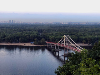 bridge over the river Dnipro, Kyiv, Ukraine. Skyline. Truhanov island 