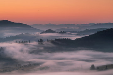 Fototapeta na wymiar Summer foggy sunrise in the Carpathian hills