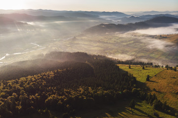 Aerial view of the mountain village in Bucovina