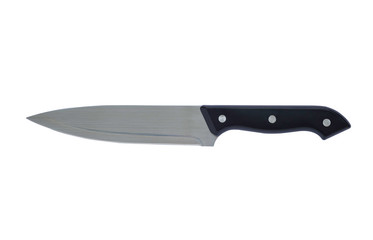 Stainless steel kitchen knife, cutting sharp with plastic black handle isolated on white background with clipping path.
