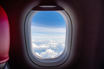 aerial view of cloud scape from window airplane window economic seat after take off from airport for transportation