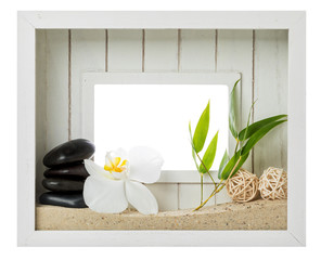 Zen and spa still-life in wooden picture frame isolated with clipping path
