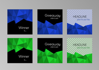 Set of six modern polygonal banners for social media page with place for photo, giveaway and winner vector square templates. Standard scaled size. Poly elements at the black background