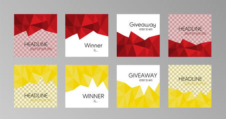 Set of modern polygonal bright banners for social media page with place for photo, giveaway and winner stylish square templates. Vector illustration, standard scaled size