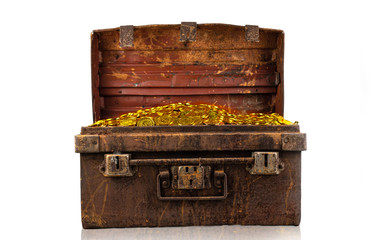 Stacking gold coin in treasure stack at white background